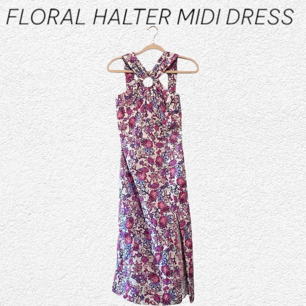 French Connection Summer White & Pink Floral Halter Midi Dress Cotton Size 2